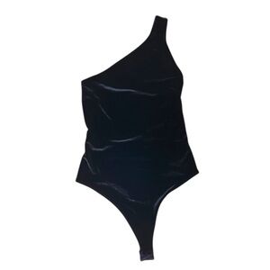 NWT Fabletics Gigi Velour One Shoulder Bodysuit Navy Blue Thong Women’s Small